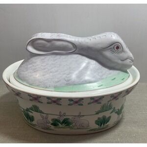 Chinese Chinoiserie ‎ Rabbit Ceramic Dish Lid Box Hand Painted Vintage Easter